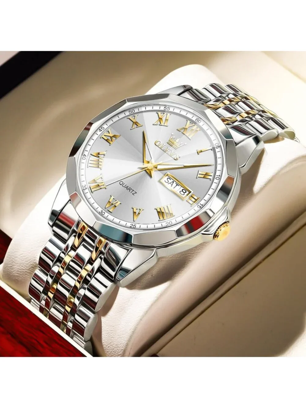 Men's Silver White Face Stainless Steel Luminous Quartz Waterproof Classic Watch